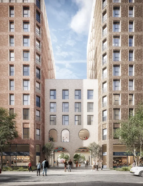 External CGI of apartment building showing residents