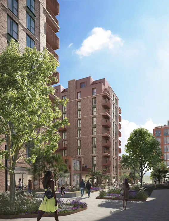 CGI of courtyard area, showing apartment buildings in the background