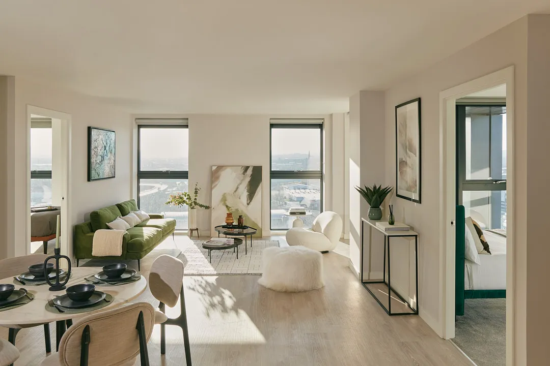 Living room area with two bedrooms either side