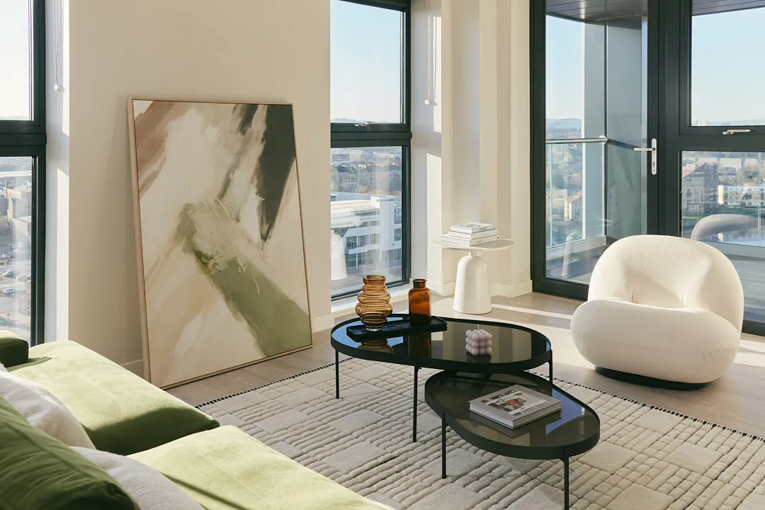 Close up of lounge area showing seating and balcony