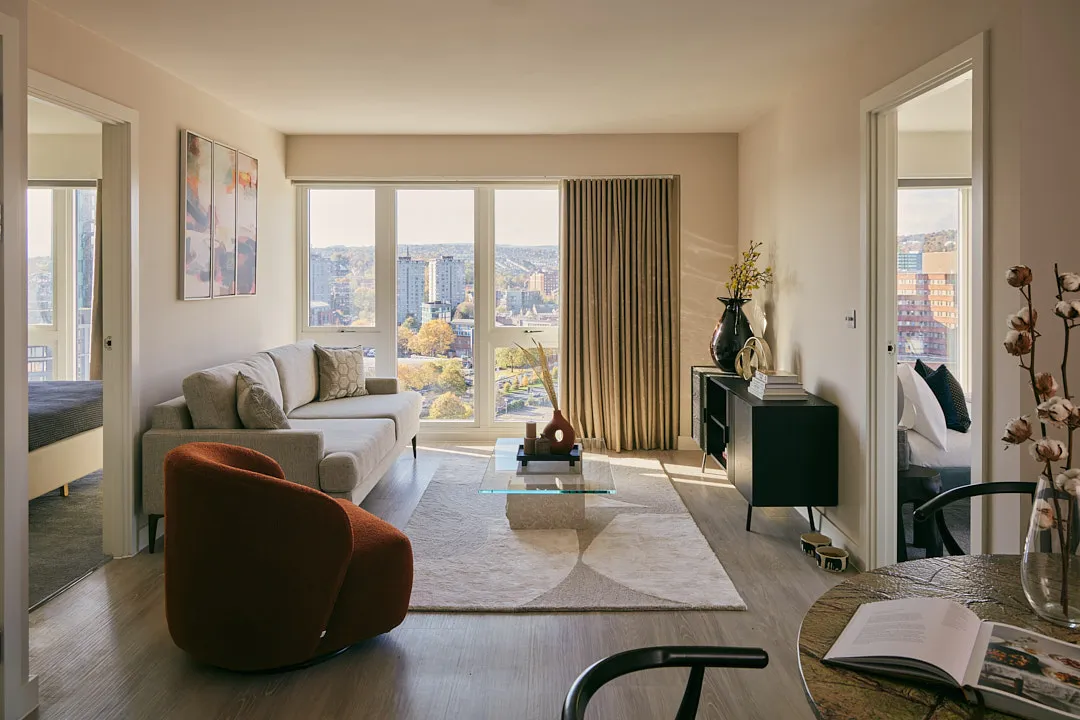 Living room with floor to ceiling windows
