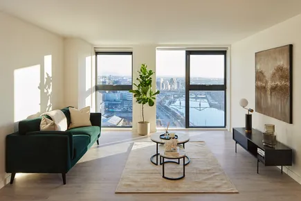 Living room with floor to ceiling windows