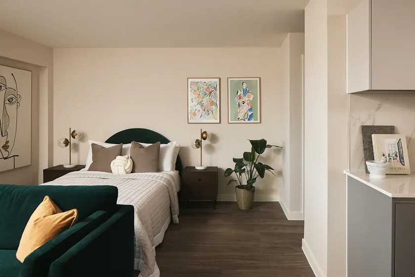Studio apartment showing double bed and sofa